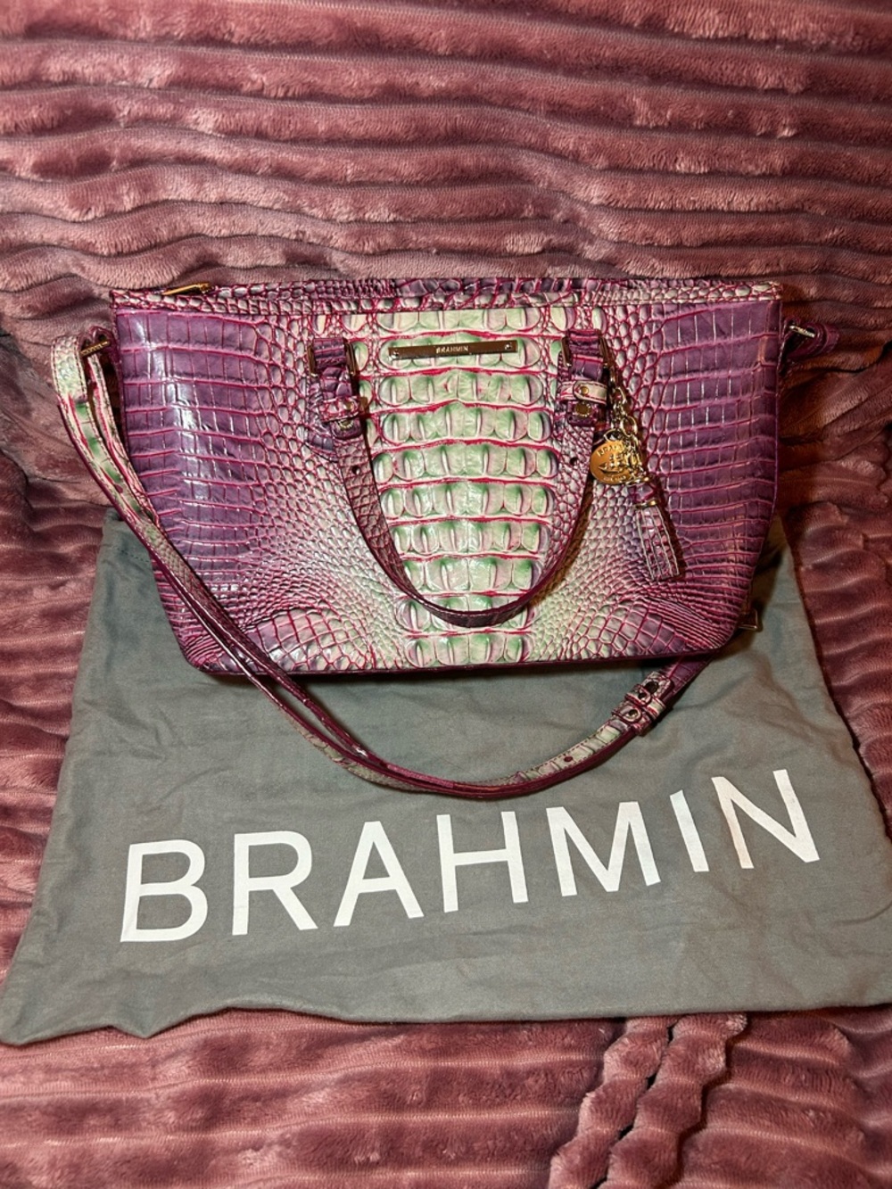 Brahmin Plum and Green Croc-Embossed Leather Satchel